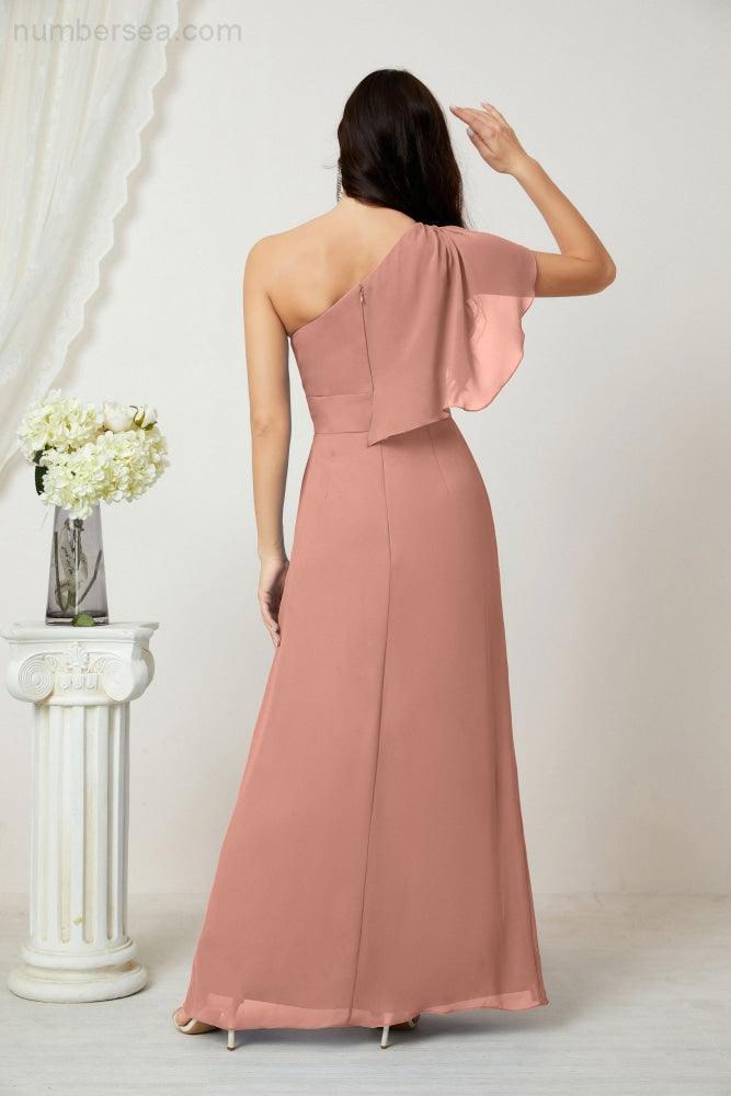 Abito da Sera Formale A-line con Spalla Singola e Balze in Chiffon, Spacco Laterale, per Damigelle, Modello 2809