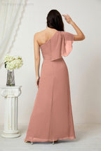 Abito da Sera Formale A-line con Spalla Singola e Balze in Chiffon, Spacco Laterale, per Damigelle, Modello 2809