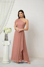 Abito da Sera Formale A-line con Spalla Singola e Balze in Chiffon, Spacco Laterale, per Damigelle, Modello 2809
