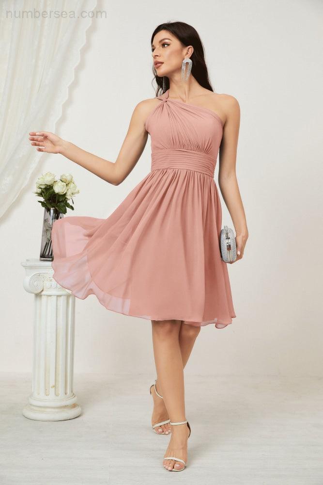 Numbersea Damen Chiffon Kurzes Ein-Schulter Brautjungfernkleid Festliche Kleider für Feier Heimkehr 2804