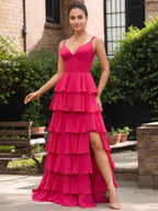 Yellow A Line V Neck Ruffled Tiered Chiffon Prom Dress With Slit