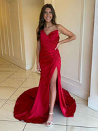 Stunning Red Mermaid Ruched One Shoulder Long Prom Dress