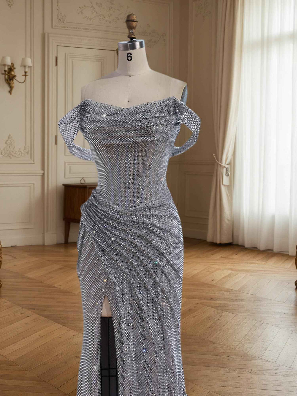 Silver Off Shoulder Sparkly Ruched Bodice Mesh Long Prom Dress With Slit