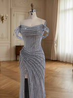 Silver Off Shoulder Sparkly Ruched Bodice Mesh Long Prom Dress With Slit
