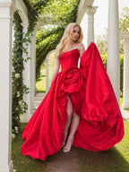 Black Rhinestone Strapless Satin Prom Dress With High Slit