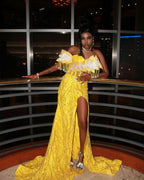 Golden Sunflower Off Shoulder Evening Gown White Floral Appliques Crystal Fringe