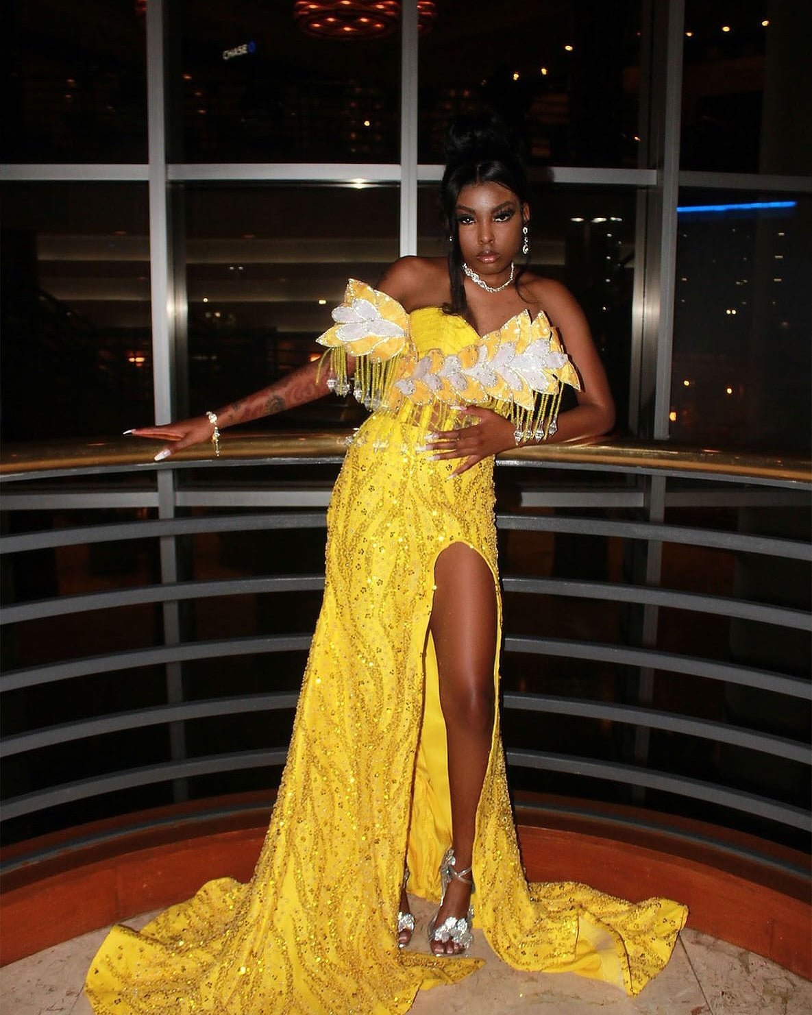 Golden Sunflower Off Shoulder Evening Gown White Floral Appliques Crystal Fringe