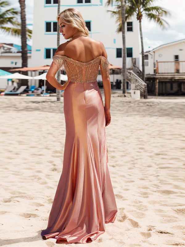 Champagne Satin Mermaid Prom Dress Off The Shoulder Beaded Fringe Bodice