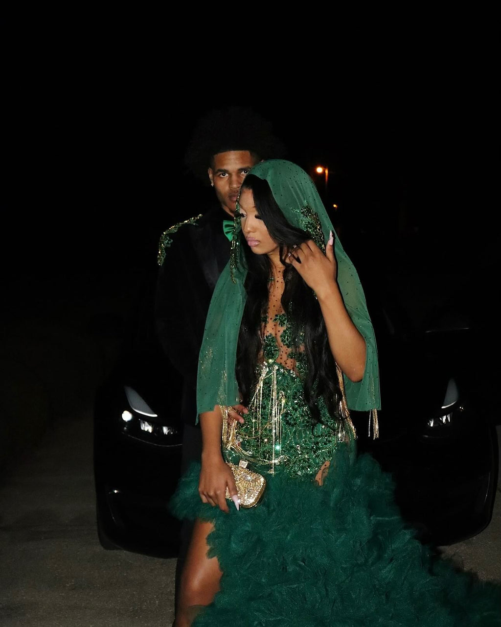 Emerald Green Hooded Prom Dress For Black Girls Sparkly Bodice Tulle Train
