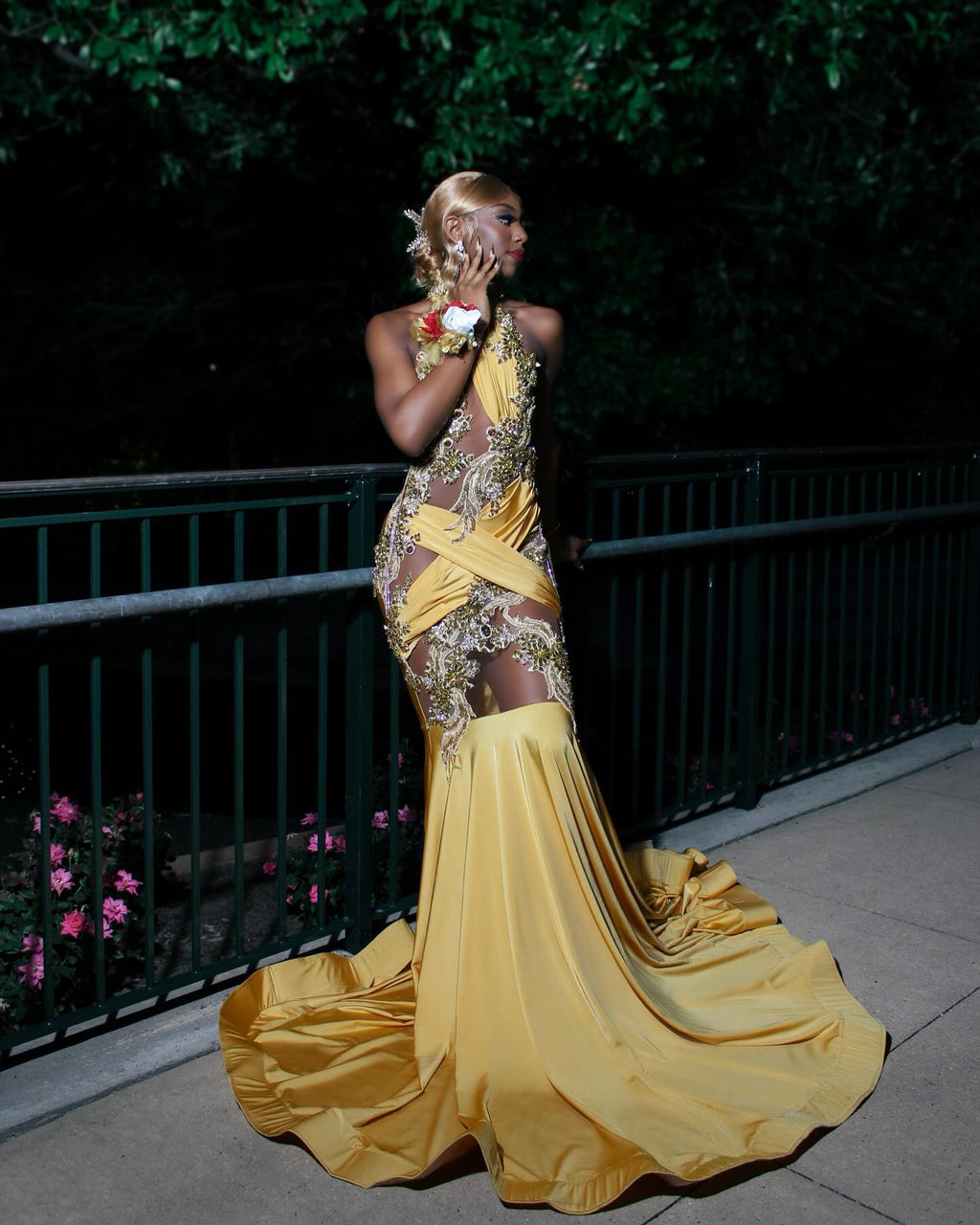Regal Golden Yellow Mermaid Prom Dress With 3D Embroidery And Illusion Cutouts