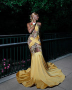 Regal Golden Yellow Mermaid Prom Dress With 3D Embroidery And Illusion Cutouts