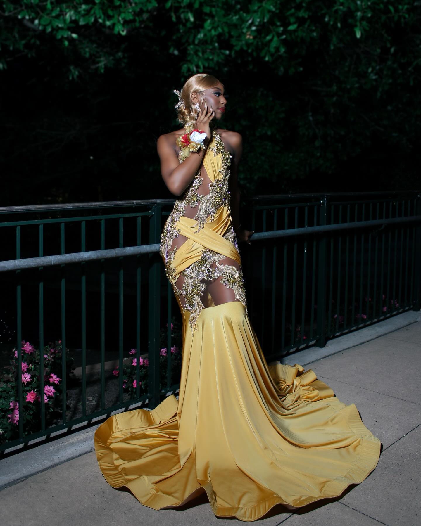 Regal Golden Yellow Mermaid Prom Dress With 3D Embroidery And Illusion Cutouts