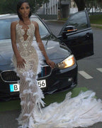 White Angel Crystal Beaded Mermaid Evening Gown With Plunging V Neck Open Back