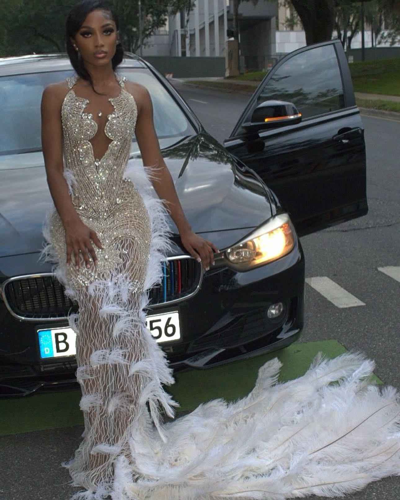White Angel Crystal Beaded Mermaid Evening Gown With Plunging V Neck Open Back