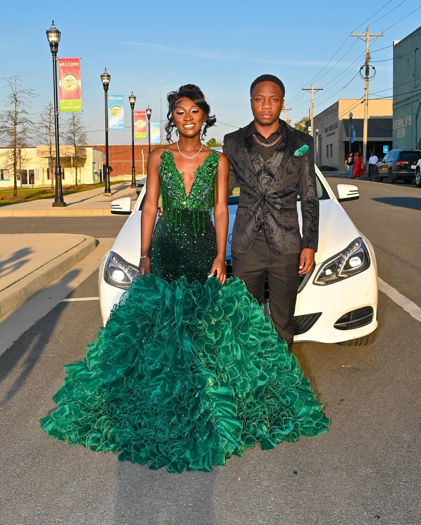 Emerald Forest Royale Sequin Mermaid Gown With Corset Back Cloud Ruffle Train