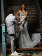 Silver Strapless Mermaid Prom Dress With Sequin Beaded Crystal Floral Bodice
