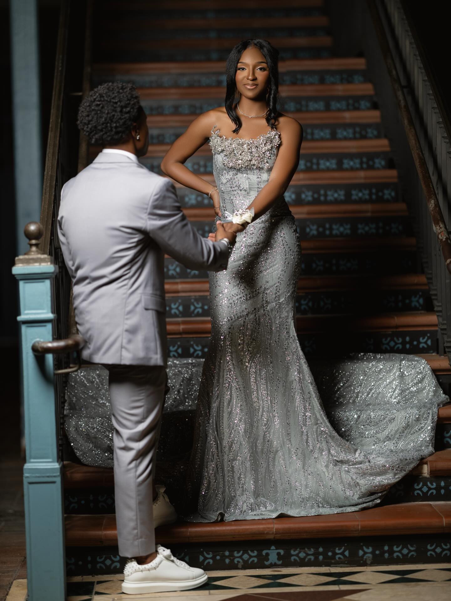 Silver Strapless Mermaid Prom Dress With Sequin Beaded Crystal Floral Bodice