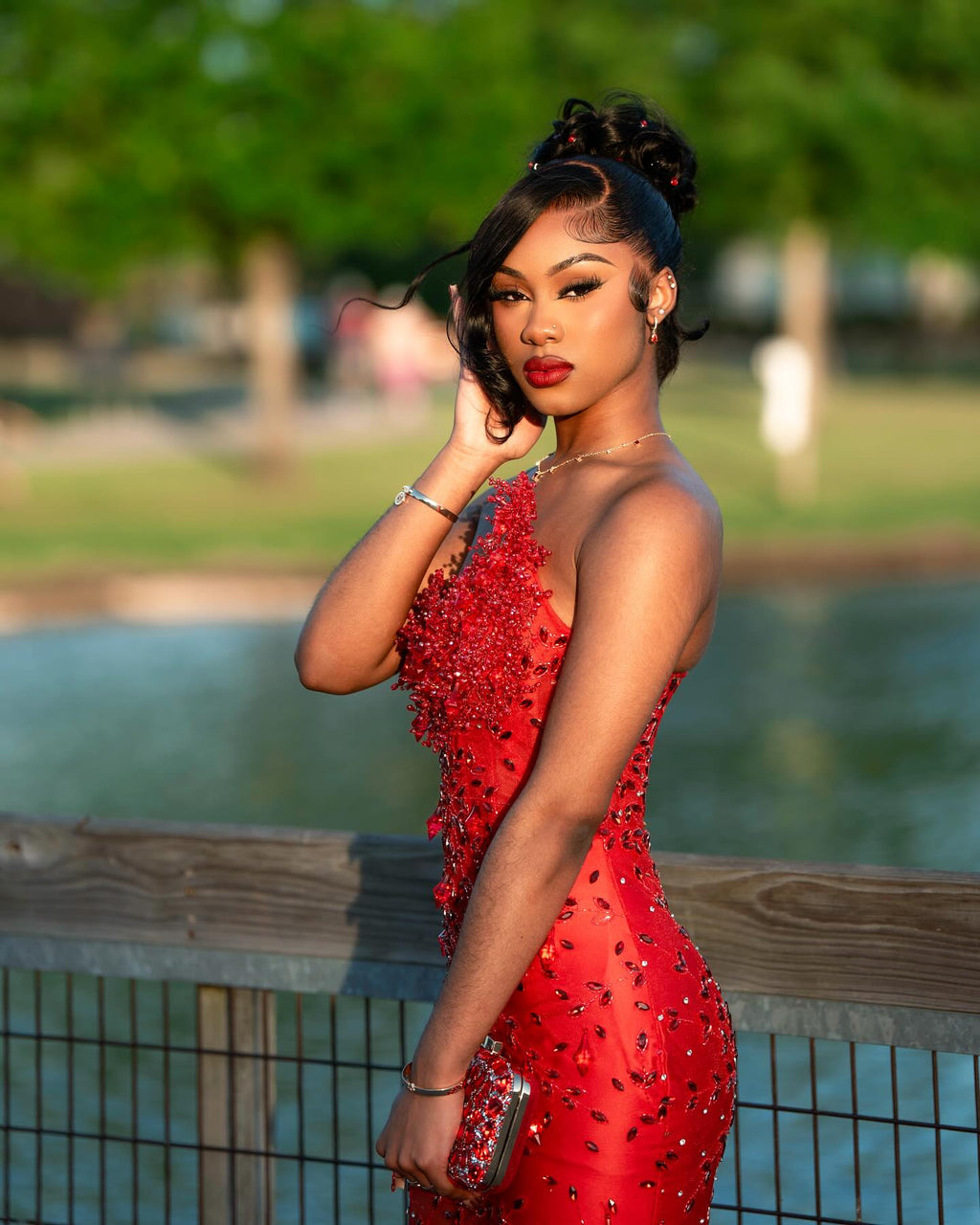 Red Sheer Illusion Beaded Mermaid Prom Dress With 3D Florals