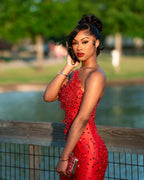 Red Sheer Illusion Beaded Mermaid Prom Dress With 3D Florals