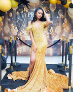 Golden Hour Glamour Beaded Fringe Mermaid Prom Dress Plunging Neckline