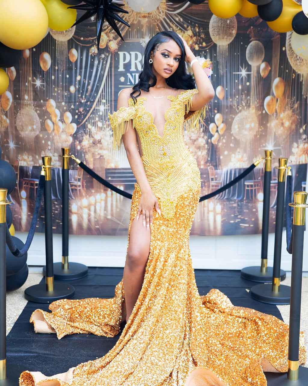 Golden Hour Glamour Beaded Fringe Mermaid Prom Dress Plunging Neckline