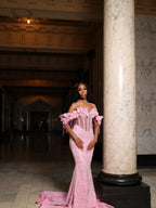 Pink Off Shoulder Sequin Beaded Mermaid Prom Dress With 3D Floral Details