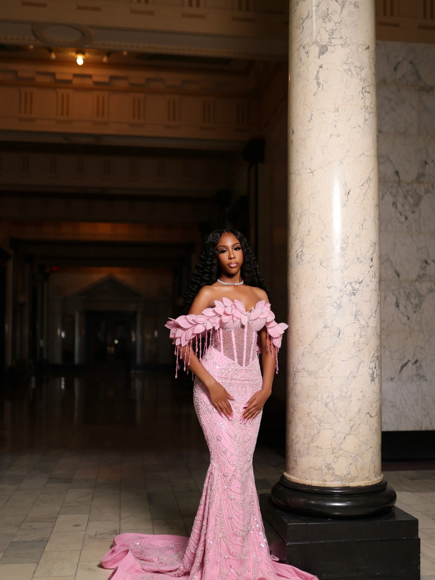 Pink Off Shoulder Sequin Beaded Mermaid Prom Dress With 3D Floral Details