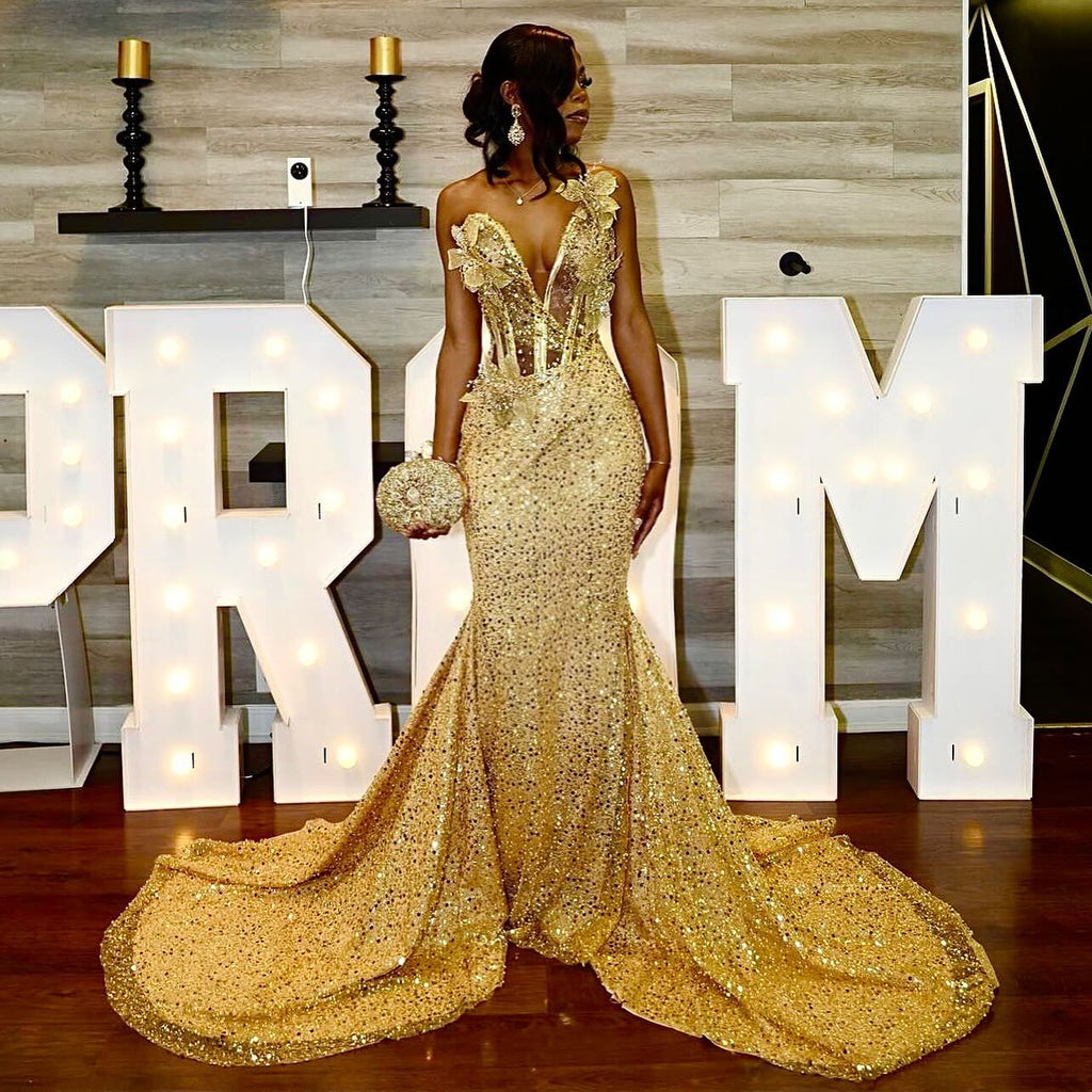 24K Gold Sequined Corset Mermaid Prom Dress With 3D Florals