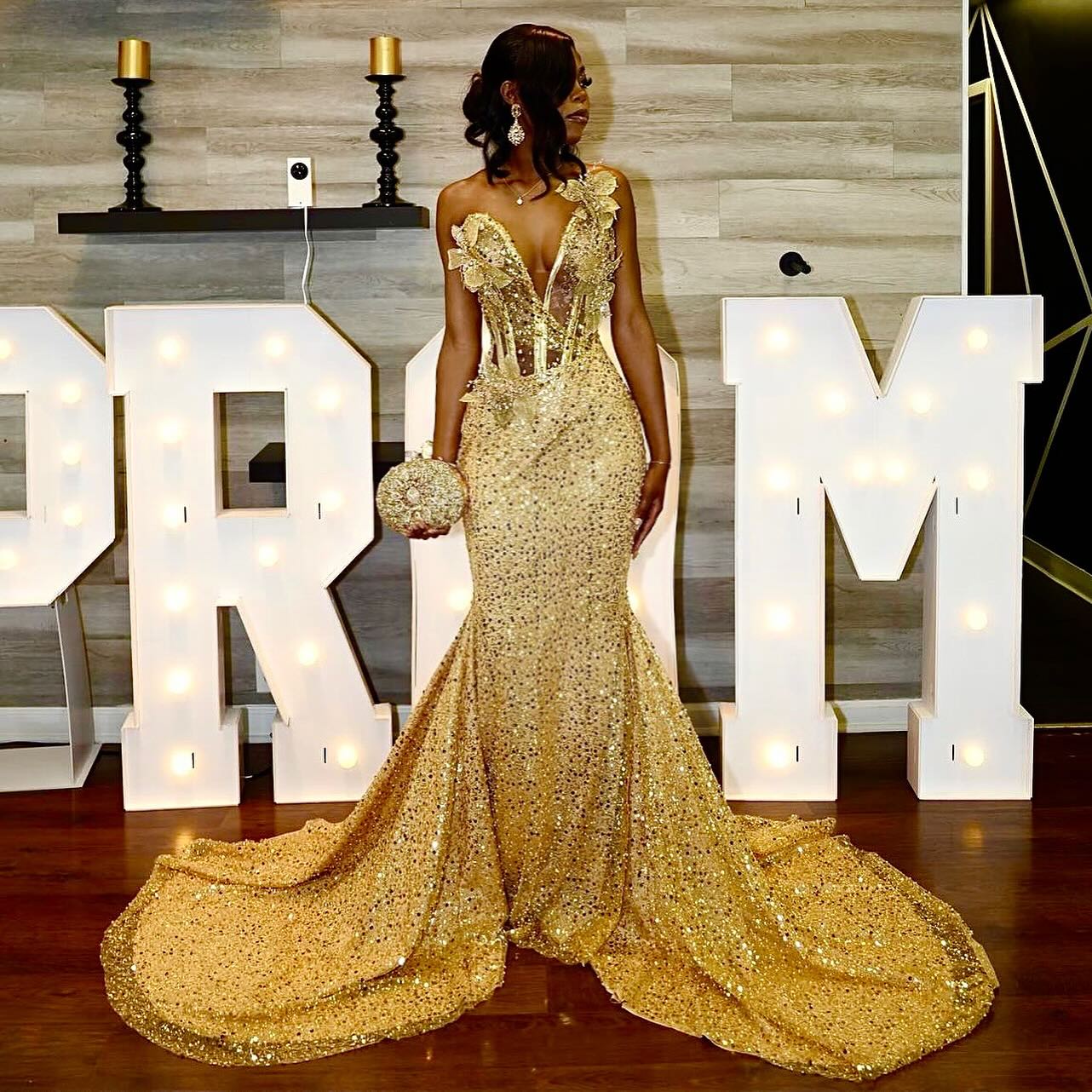 24K Gold Sequined Corset Mermaid Prom Dress With 3D Florals