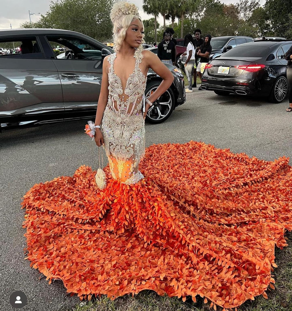 Orange Flame Crystal Beaded Mermaid Prom Dress With Massive 3D Petal Train