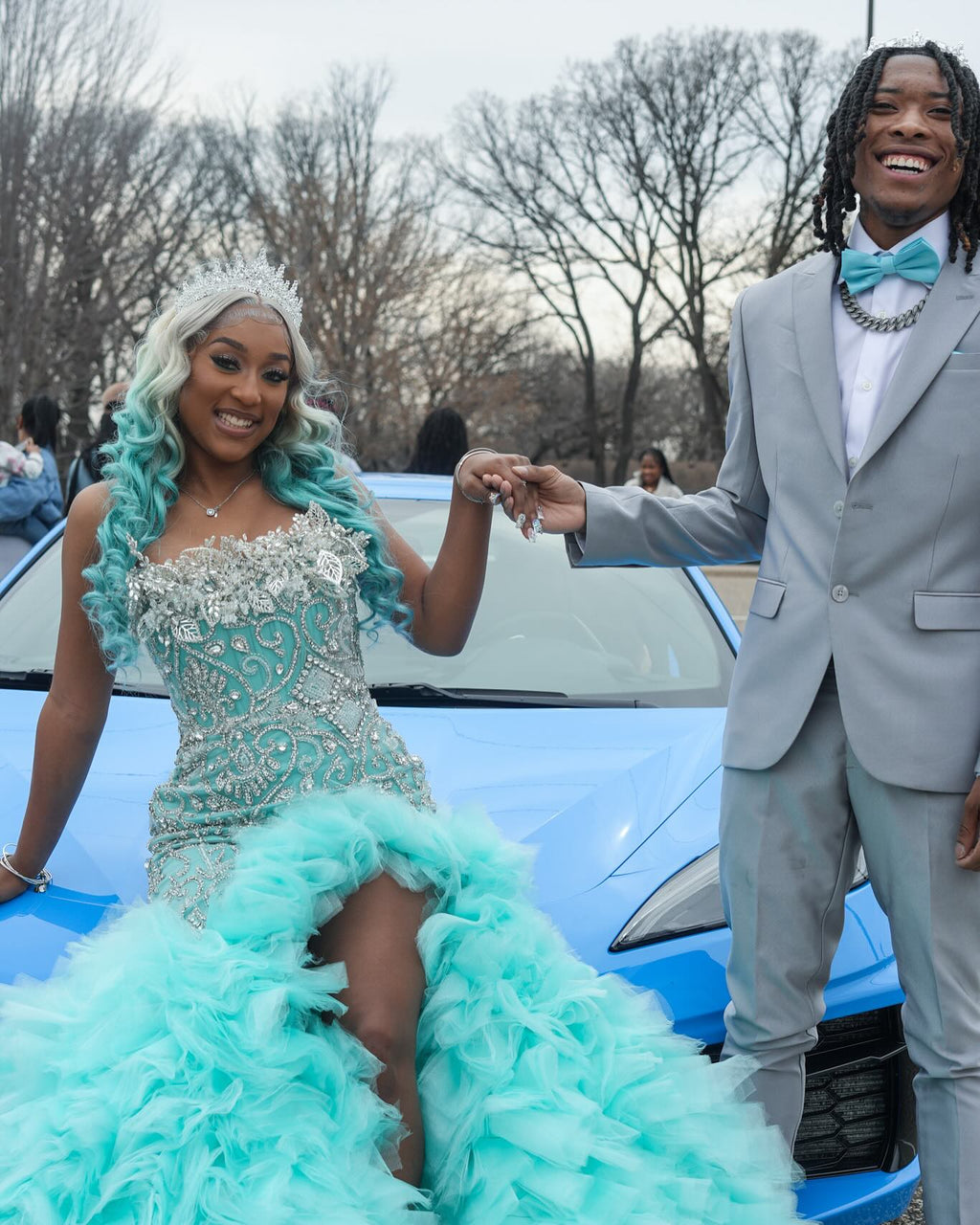 Tiffany Blue Crystal Mermaid Gown With 3D Leaf Bodice And Tiered Prom Dress