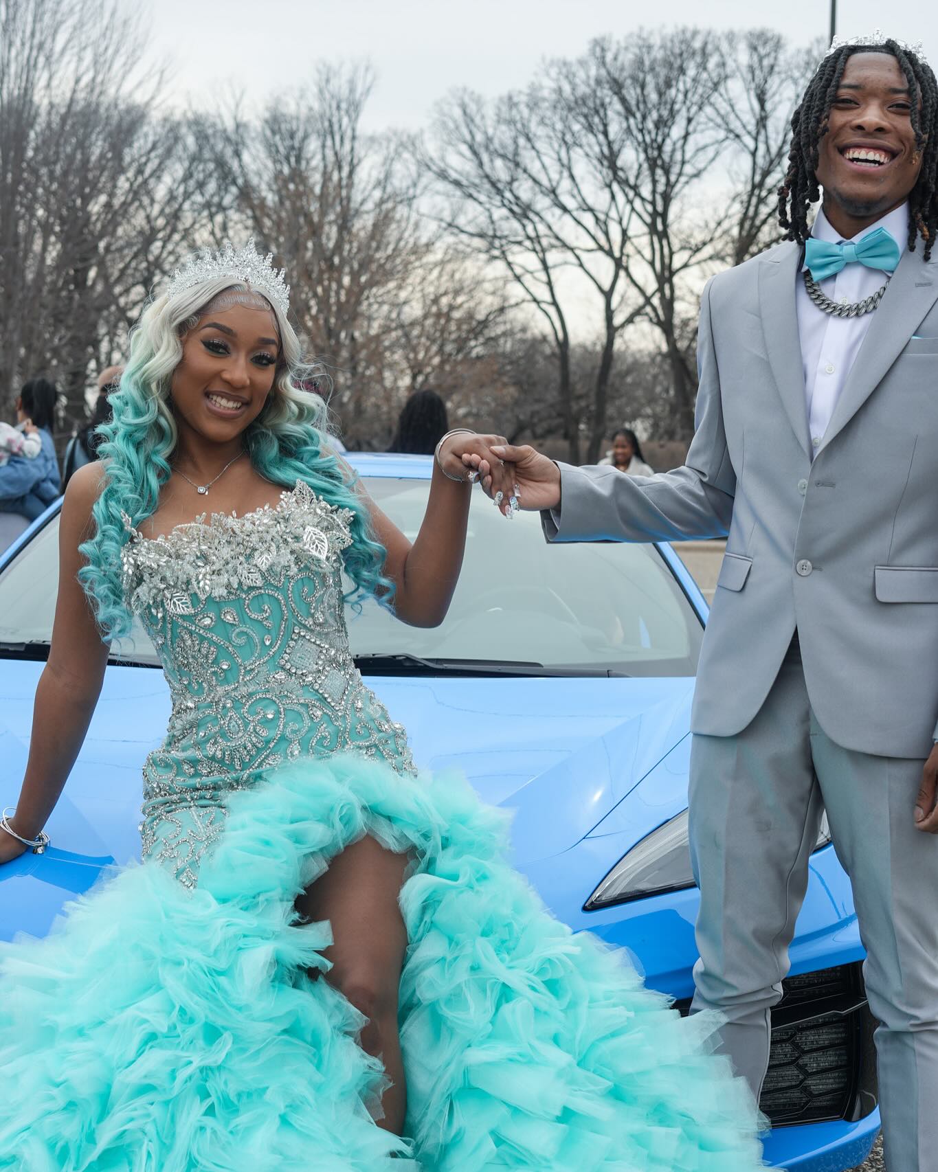 Tiffany Blue Crystal Mermaid Gown With 3D Leaf Bodice And Tiered Prom Dress