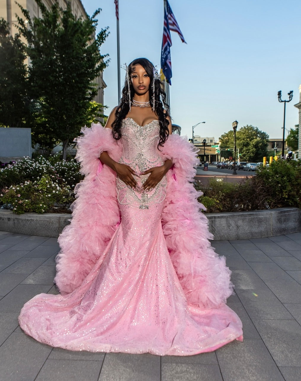 Blush Pink Mermaid Gown With Crystal Beaded And Tulle Overskirt