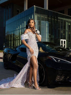 Silver Off Shoulder Sequin Beaded Mermaid Prom Gown With Floral Feathers