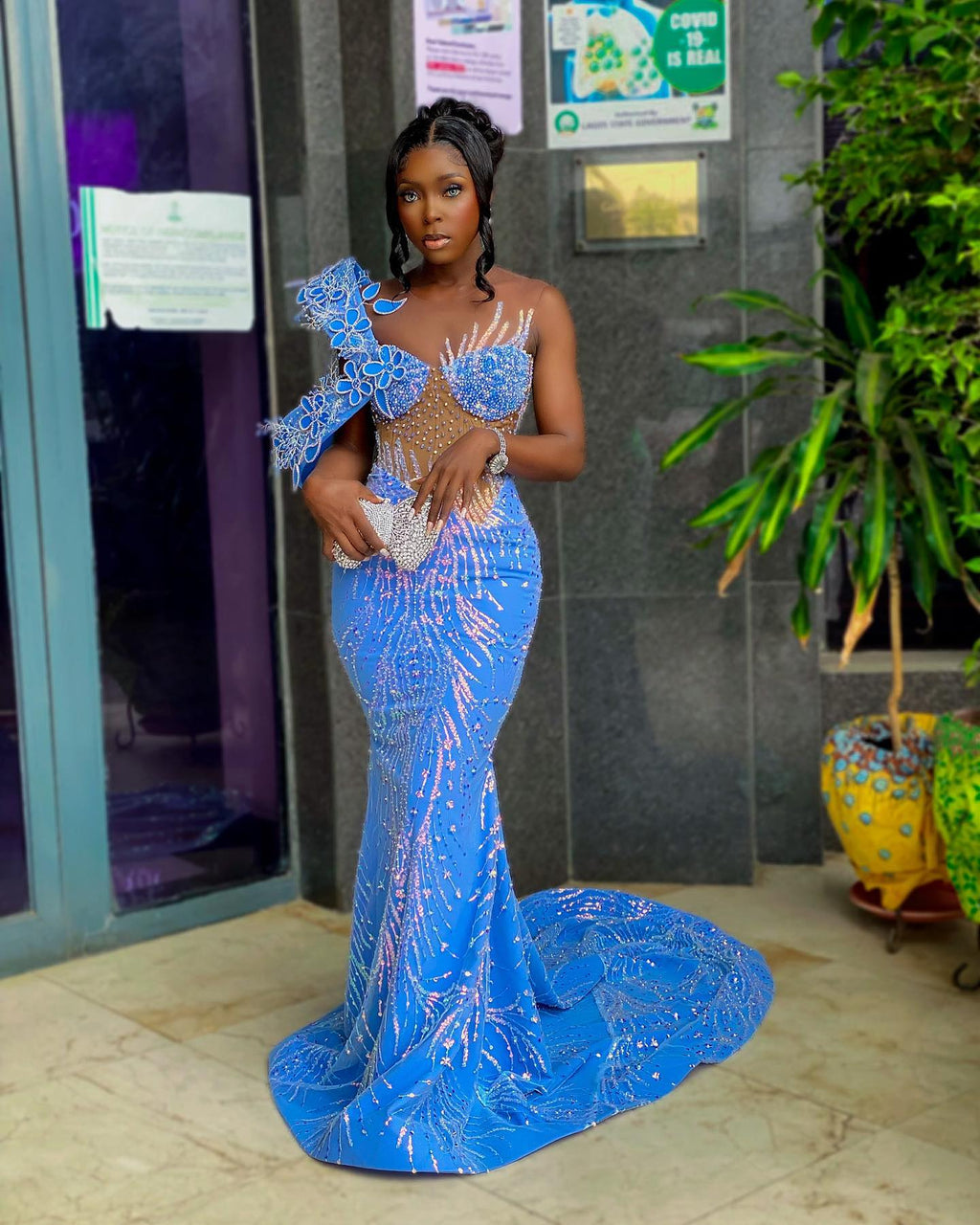 Blue Butterfly Beaded Mermaid Gown With One Shoulder Lace Applique