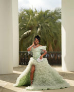 Mint Green Off Shoulder Sequin Beaded Prom Dress With 3D Leaf Applique Train