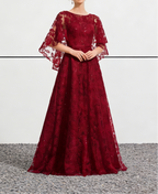 Abito lungo da ballo bordeaux con paillettes, pizzo e maniche a campana