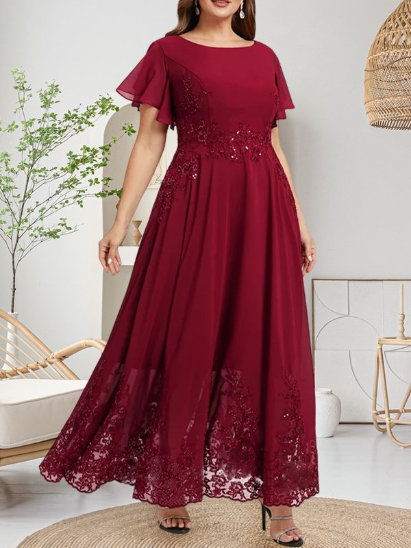 Robe de mère de la mariée en mousseline de soie à dentelle, longueur cheville, en forme trapèze avec décolleté arrondi et paillettes
