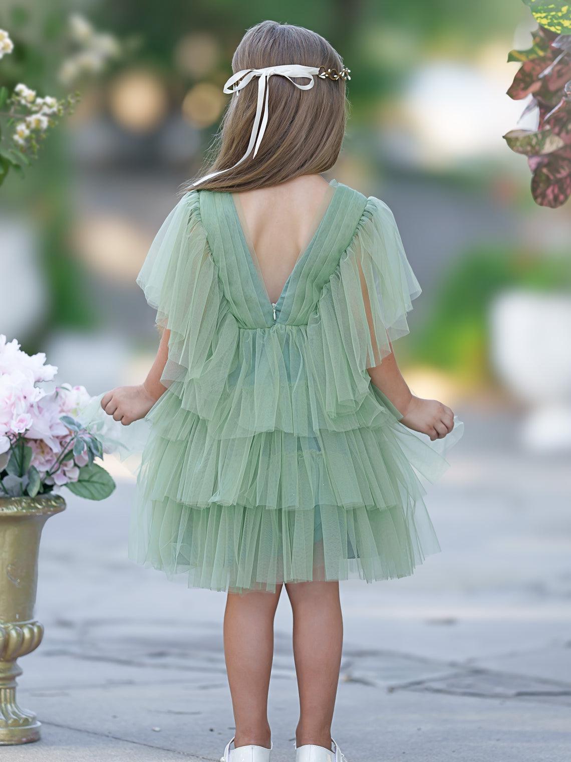 Enchanted Garden Green Tulle Flower Girl Dress Sleeveless V Back