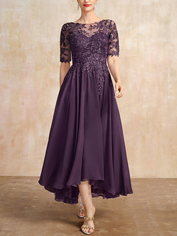 Robe de mère de la mariée en mousseline et dentelle asymétrique illusion à encolure dégagée, coupe en A, ornée de paillettes