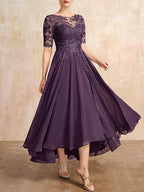 Robe de mère de la mariée en mousseline et dentelle asymétrique illusion à encolure dégagée, coupe en A, ornée de paillettes