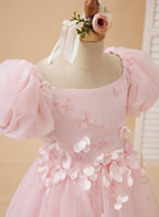 Tulle Tea Length Flower Girl Dress Square Neck Floral Applique Beading