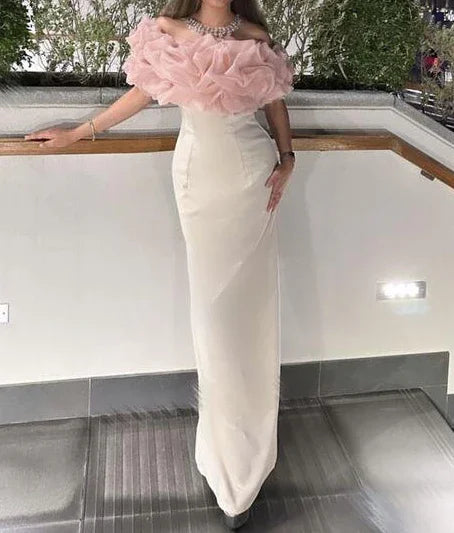 Abito lungo elegante a tubino con spalle scoperte e pieghe, da sera e da festa Y7594