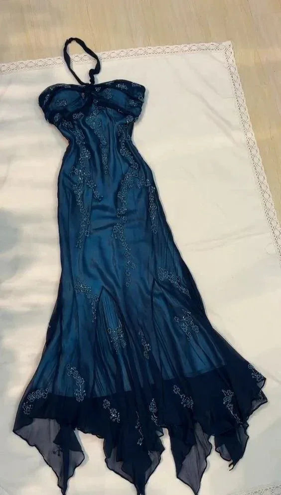Vestido de Baile Vintage Halter com Contas Azul-Marinho de Chiffon Tipo Sereia Longo para Festa e Noite Y7504