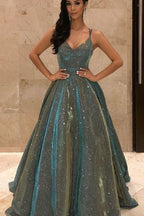 Shimmering Long A-line Spaghetti Straps Sleeveless V-Neck Sequins Prom Dress