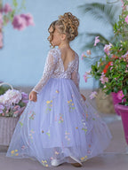 White Floral Lace Tulle Flower Girl Dress A Line Long Sleeve Floor Length