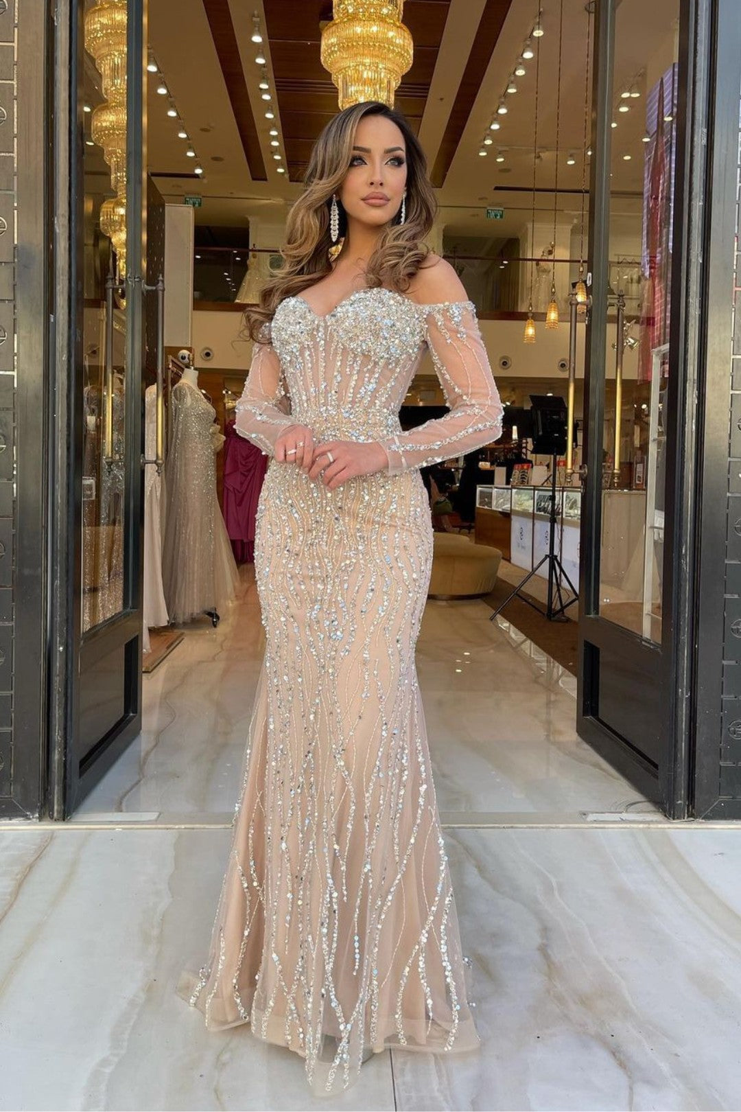 Heavy Prom Dress Beaded Sweetheart Gown With Long Sleeves In Tulle