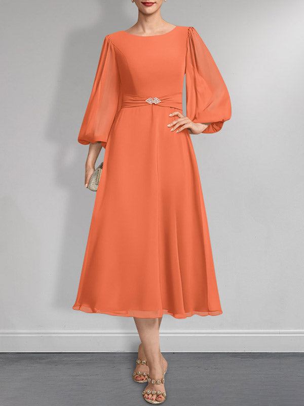 A-Linie U-Ausschnitt Wadenlang Chiffon Mutter der Braut Kleid Mit Kristall Brosche Plissee