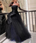 Vestido de fiesta negro de tul abullonado sin tirantes y sexy con guantes Y7631