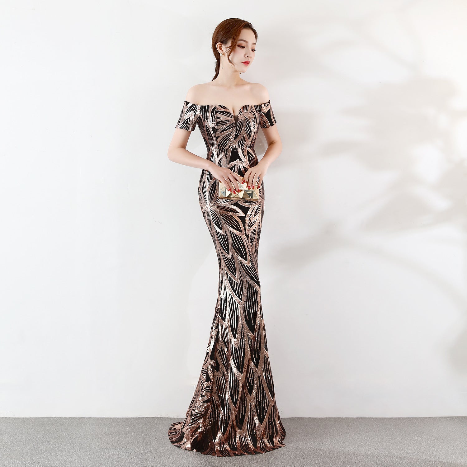 Off the Shoulder Sequined Evening Dress: Long Fish Tail, Slim Fit
